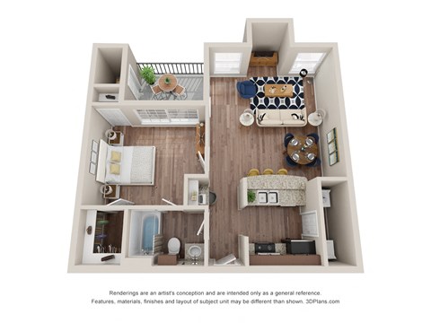Floor plan for 1 bed, 1 bath, 629 sqft